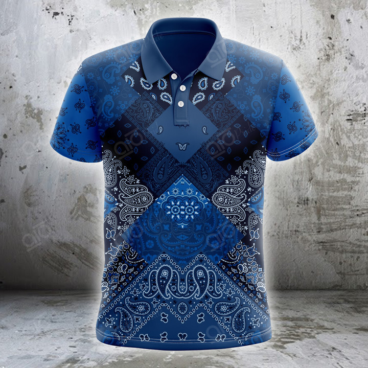 AIO Pride Blue Diagonal Paisley Bandana Fabric Patchwork Polo Shirt