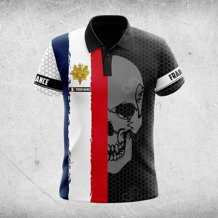 AIO Pride Custom Name France Flag Skull Hexagon Grid Polo Shirt