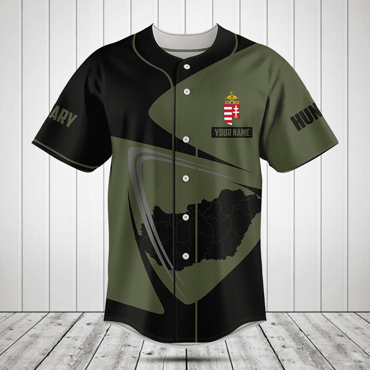 Customize Hungary Map Black And Olive Green Baseball Jersey Shirt
