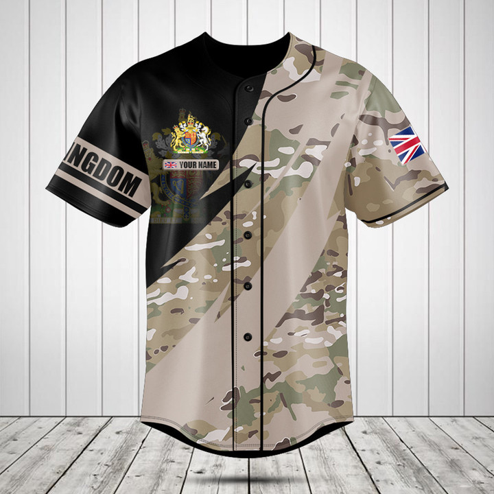 Customize United Kingdom Coat Of Arms Camo Fire Style Baseball Jersey Shirt