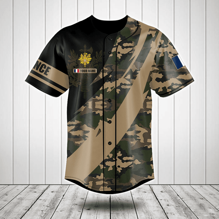 Customize France Coat Of Arms Camo Fire Style Baseball Jersey Shirt