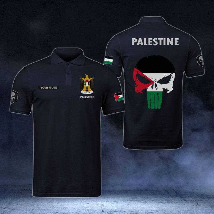 AIO Pride - Customize Palestine Coat Of Arms - Flag Skull Polo Shirt