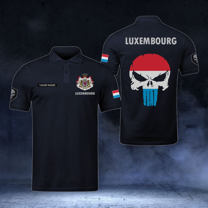 AIO Pride - Customize Luxembourg Coat Of Arms - Flag Skull Polo Shirt