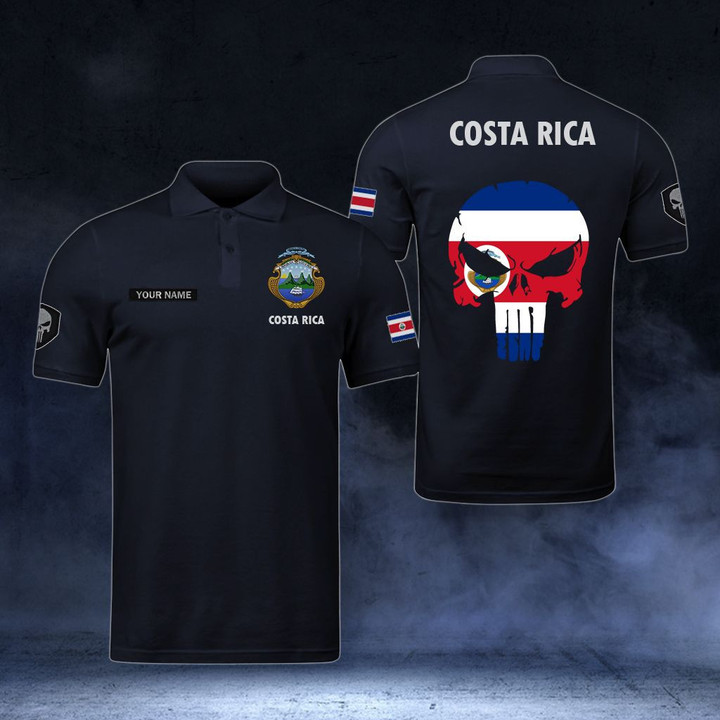 AIO Pride - Customize Costa Rica Coat Of Arms - Flag Skull Polo Shirt