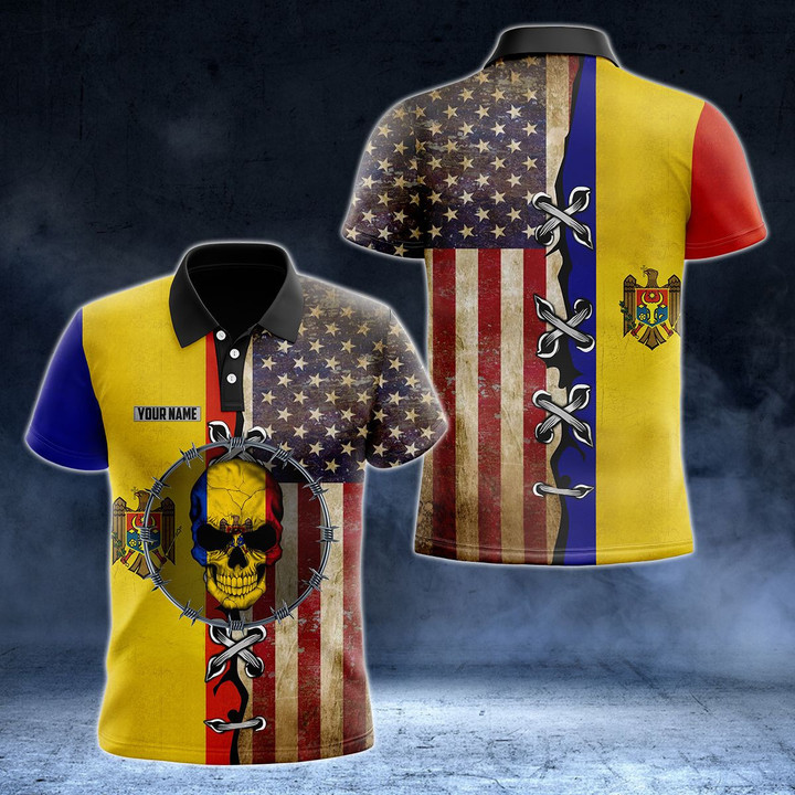 AIO Pride - Customize Moldova & American Flag Skull 3D Unisex Adult Polo Shirt