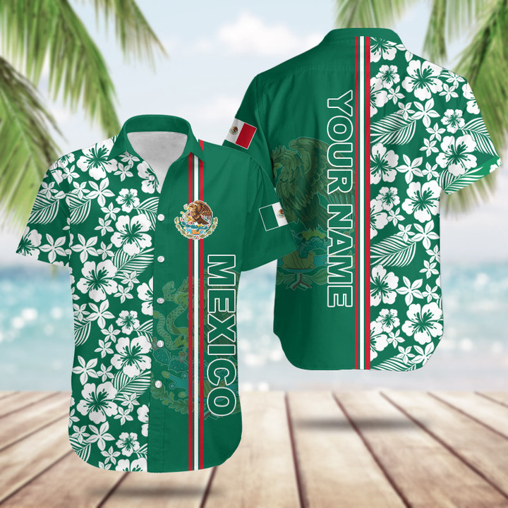 AIO Pride Custom Name Mexico Coat Of Arms Hibiscus Pattern Hawaiian Shirt