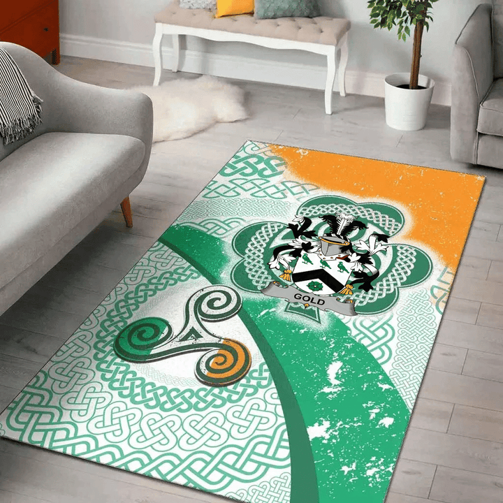 AIO Pride Gold Family Crest Area Rug - Ireland Shamrock With Celtic Patterns
