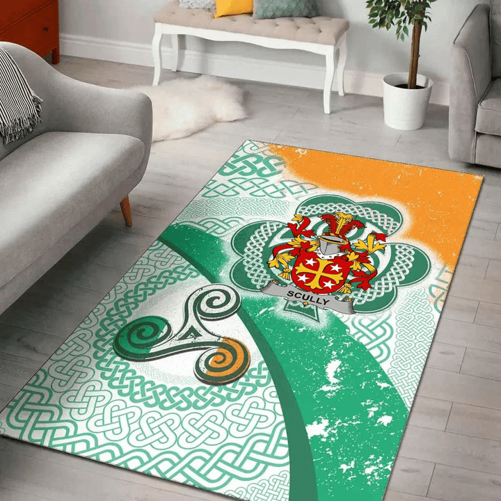 AIO Pride Scully or O'Scully Family Crest Area Rug - Ireland Shamrock With Celtic Patterns