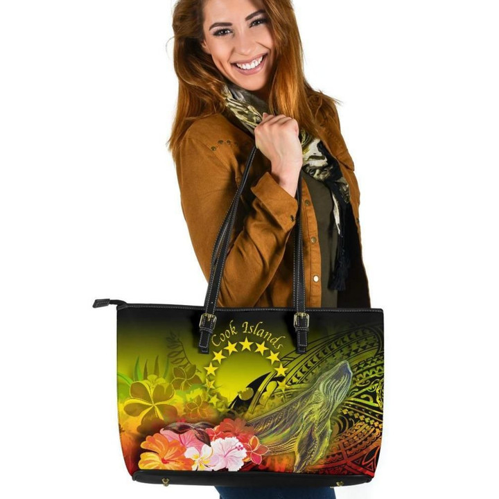 AIO Pride Cook Islands Leather Tote Bag - Humpback Whale with Tropical Flowers (Yellow)
