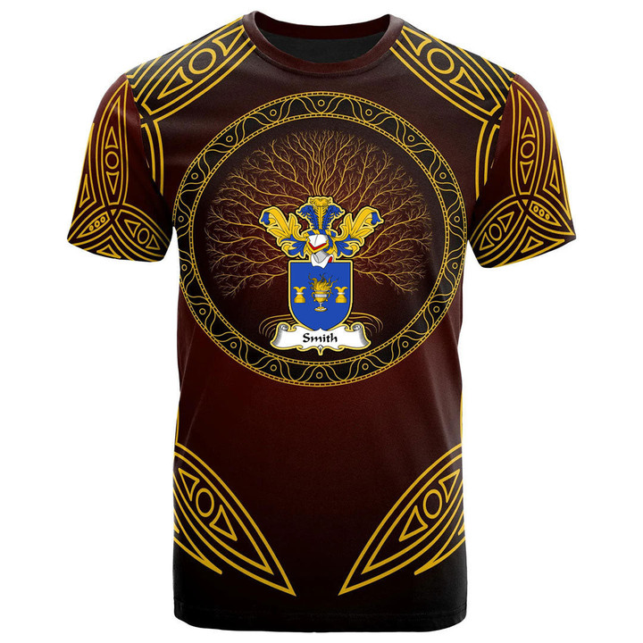AIO Pride Smith Or Smythe Family Crest T-Shirt - Celtic Patterns Brown Style