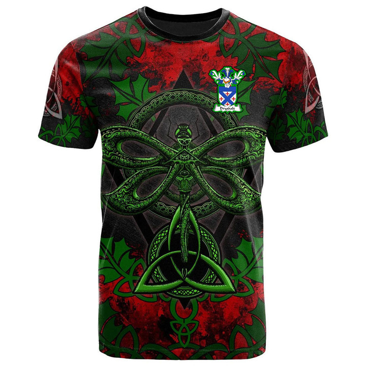 AIO Pride Drysdale Family Crest T-Shirt - Celtic Dragonfly & Leaf Vines - Watercolor Style