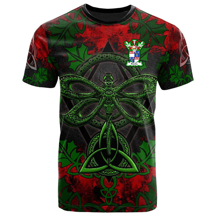 AIO Pride Ritchie Family Crest T-Shirt - Celtic Dragonfly & Leaf Vines - Watercolor Style