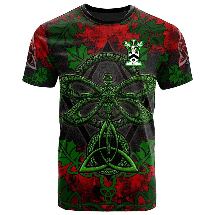 AIO Pride Lee Family Crest T-Shirt - Celtic Dragonfly & Leaf Vines - Watercolor Style