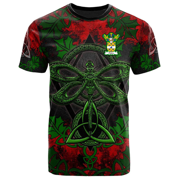 AIO Pride Fulton Family Crest T-Shirt - Celtic Dragonfly & Leaf Vines - Watercolor Style