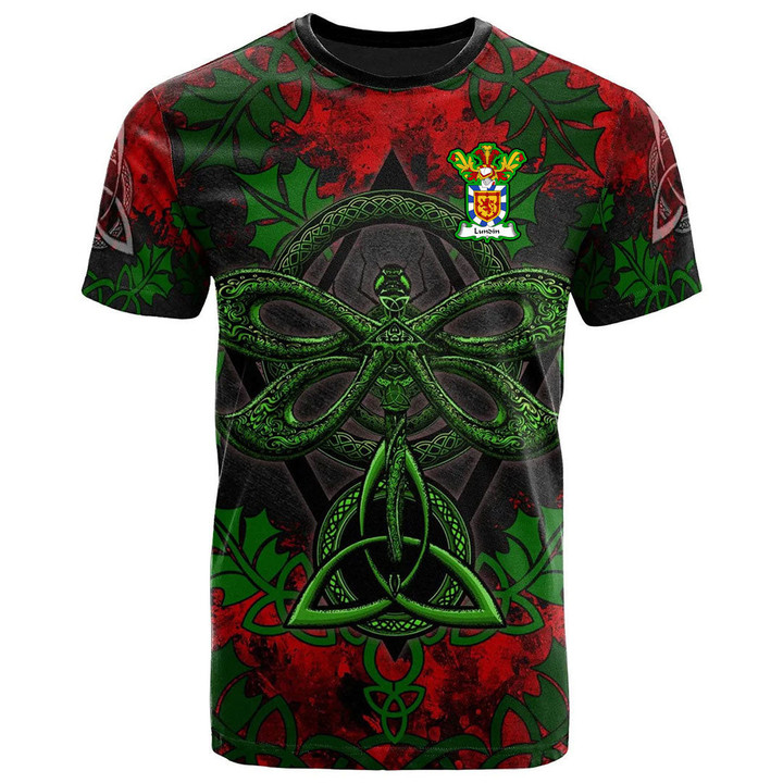 AIO Pride Lundin Family Crest T-Shirt - Celtic Dragonfly & Leaf Vines - Watercolor Style