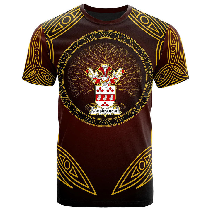 AIO Pride Umphrastoun Family Crest T-Shirt - Celtic Patterns Brown Style