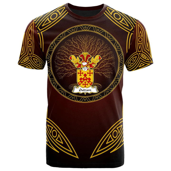 AIO Pride Outram Family Crest T-Shirt - Celtic Patterns Brown Style