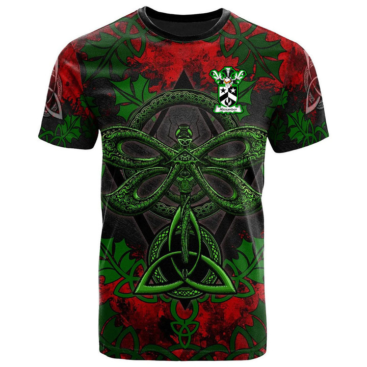 AIO Pride Alexander Family Crest T-Shirt - Celtic Dragonfly & Leaf Vines - Watercolor Style