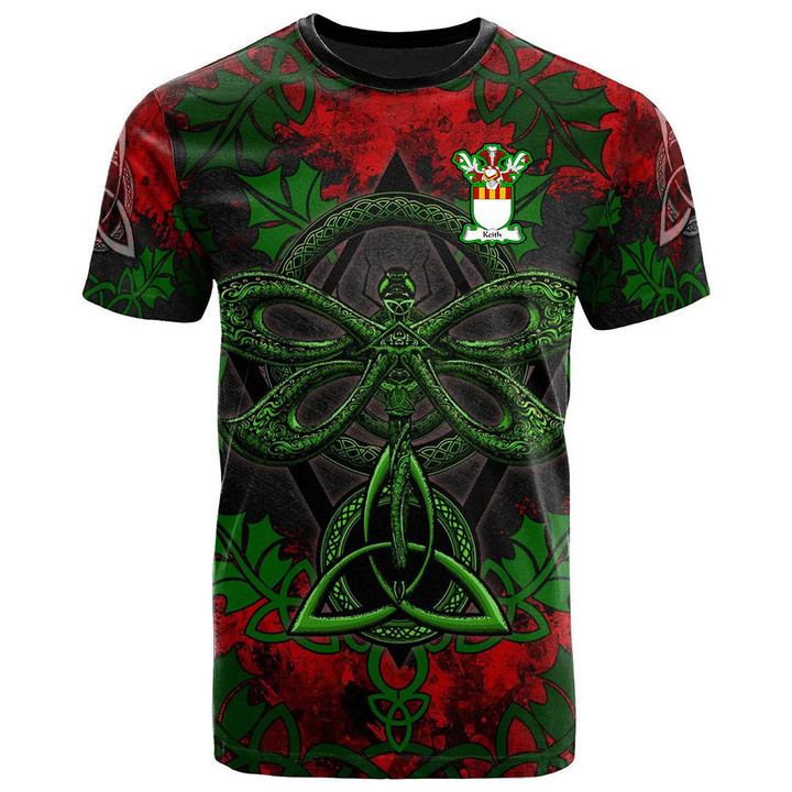 AIO Pride Keith Family Crest T-Shirt - Celtic Dragonfly & Leaf Vines - Watercolor Style
