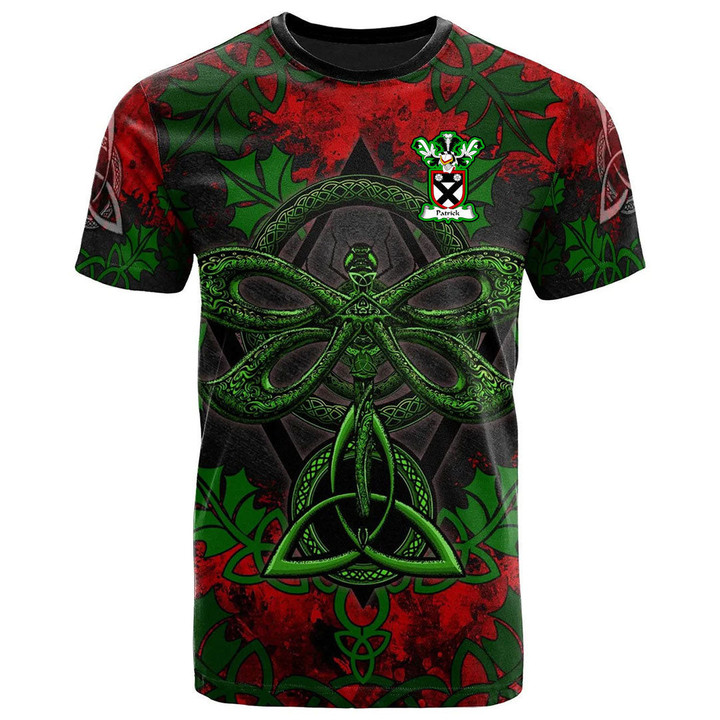 AIO Pride Patrick Family Crest T-Shirt - Celtic Dragonfly & Leaf Vines - Watercolor Style