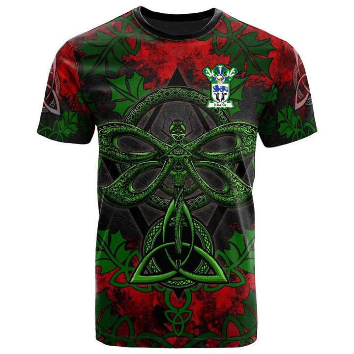 AIO Pride MacKie Family Crest T-Shirt - Celtic Dragonfly & Leaf Vines - Watercolor Style