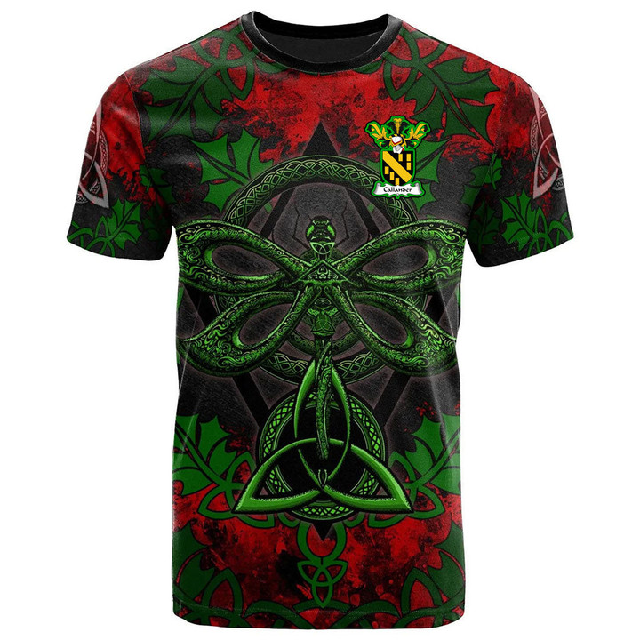 AIO Pride Callander Family Crest T-Shirt - Celtic Dragonfly & Leaf Vines - Watercolor Style