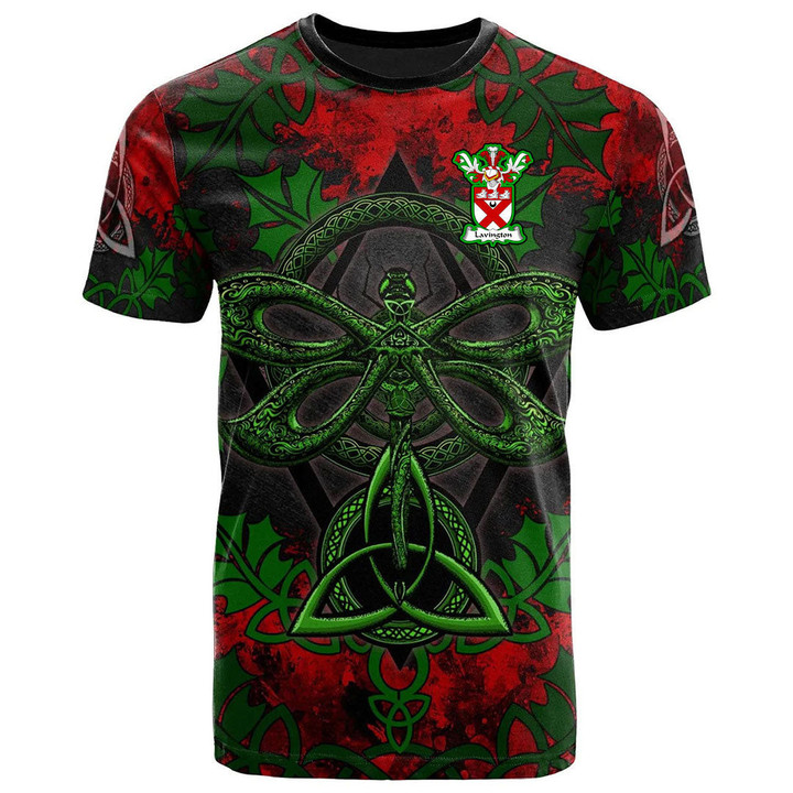 AIO Pride Lavington Family Crest T-Shirt - Celtic Dragonfly & Leaf Vines - Watercolor Style