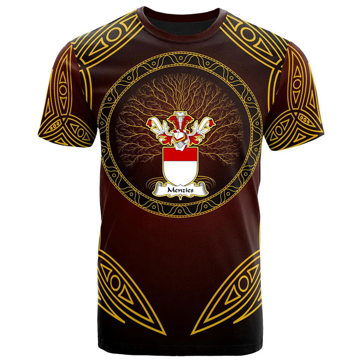 AIO Pride Menzies Family Crest T-Shirt - Celtic Patterns Brown Style