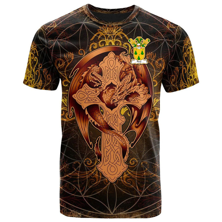 AIO Pride Pirie Family Crest T-Shirt - Celtic Tree With Dragon Brown
