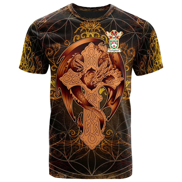 AIO Pride Livingstone Family Crest T-Shirt - Celtic Tree With Dragon Brown