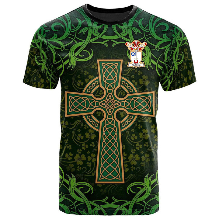 AIO Pride Halliday Family Crest T-Shirt - Celtic Cross Shamrock Patterns