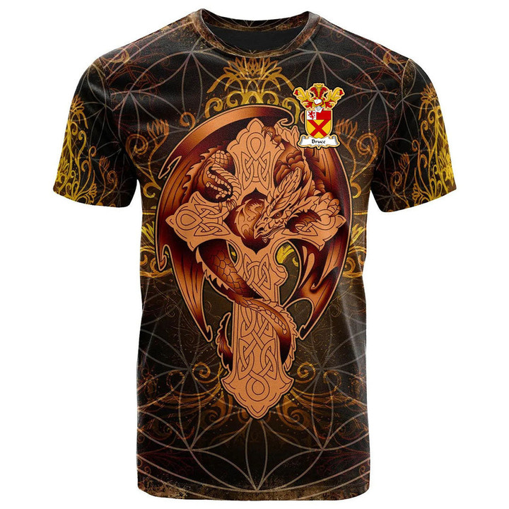 AIO Pride Bruce Family Crest T-Shirt - Celtic Tree With Dragon Brown