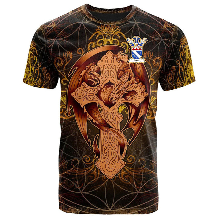AIO Pride Petrie Family Crest T-Shirt - Celtic Tree With Dragon Brown