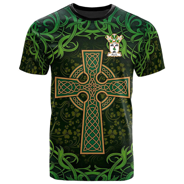 AIO Pride Harris Family Crest T-Shirt - Celtic Cross Shamrock Patterns