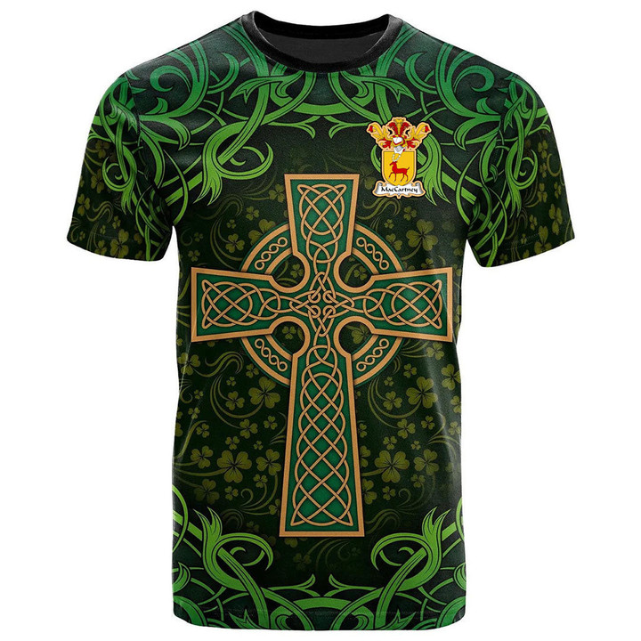 AIO Pride MacCartney Family Crest T-Shirt - Celtic Cross Shamrock Patterns