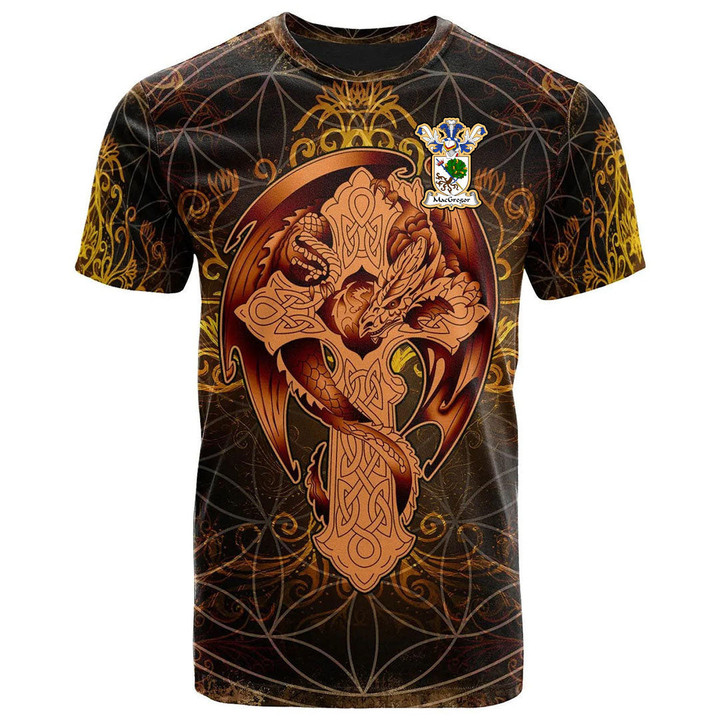 AIO Pride MacGregor Family Crest T-Shirt - Celtic Tree With Dragon Brown