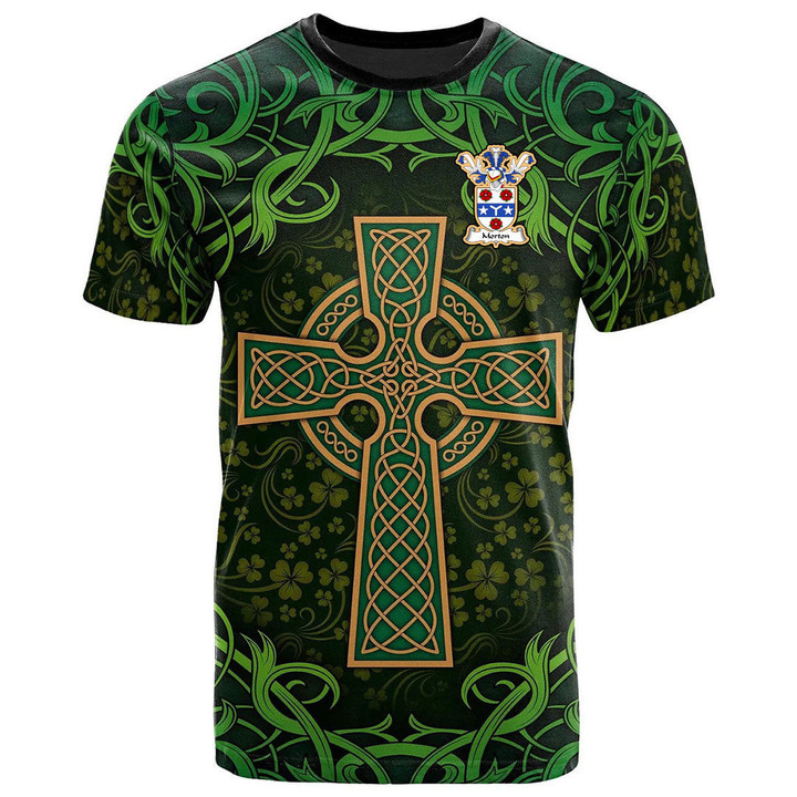 AIO Pride Morton Family Crest T-Shirt - Celtic Cross Shamrock Patterns