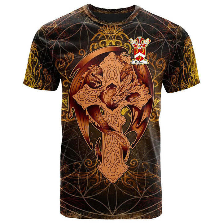 AIO Pride Denham Family Crest T-Shirt - Celtic Tree With Dragon Brown