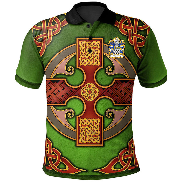 AIO Pride Fitzharry Of Wales Welsh Family Crest Polo Shirt - Vintage Celtic Cross Green