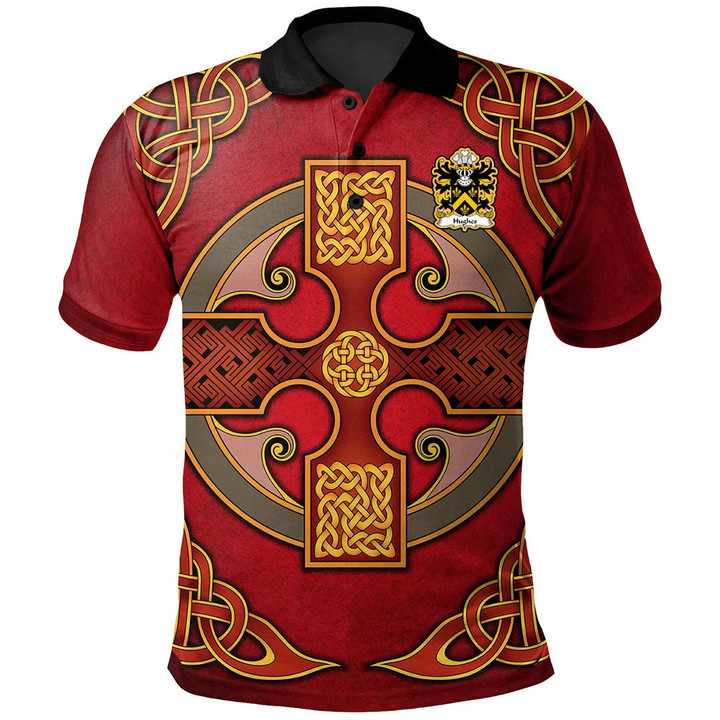 AIO Pride Hughes Of Breconshire Welsh Family Crest Polo Shirt - Vintage Celtic Cross Red