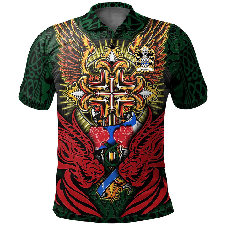 AIO Pride Penmarch Of Penmark Castle South Glamorgan Welsh Family Crest Polo Shirt - Red Dragon Duo Celtic Cross