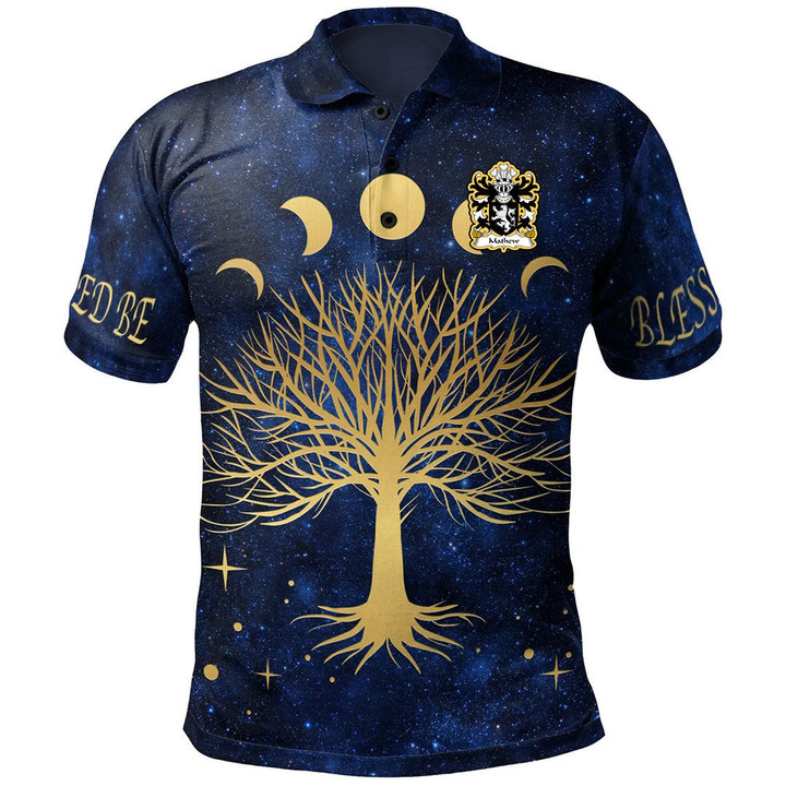 AIO Pride Mathew Of Llandaff Glamorganshire Welsh Family Crest Polo Shirt - Moon Phases & Tree Of Life