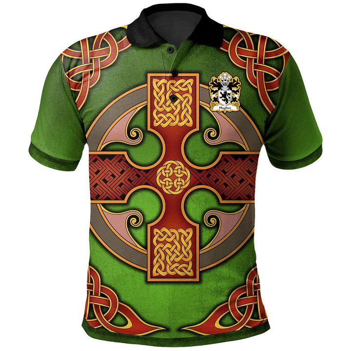 AIO Pride Hughes Of Gwerclas Merionethshire Welsh Family Crest Polo Shirt - Vintage Celtic Cross Green