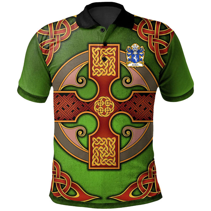 AIO Pride Jenkin AP Rhys AP Gruffudd Welsh Family Crest Polo Shirt - Vintage Celtic Cross Green