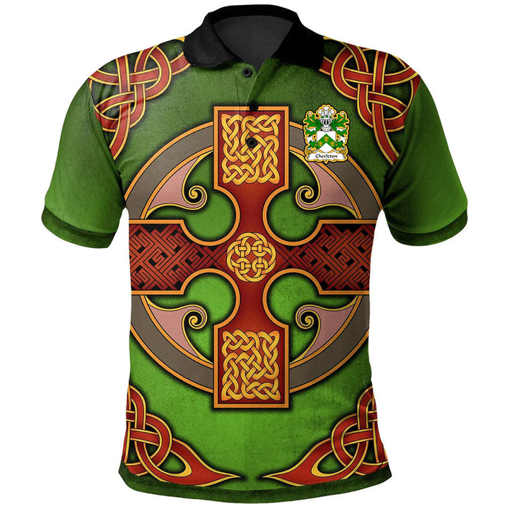 AIO Pride Cherleton Or Charlton Lords Of Powys Welsh Family Crest Polo Shirt - Vintage Celtic Cross Green