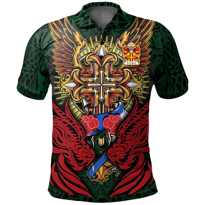 AIO Pride Crevequer Or Crevecoeur Flint Welsh Family Crest Polo Shirt - Red Dragon Duo Celtic Cross