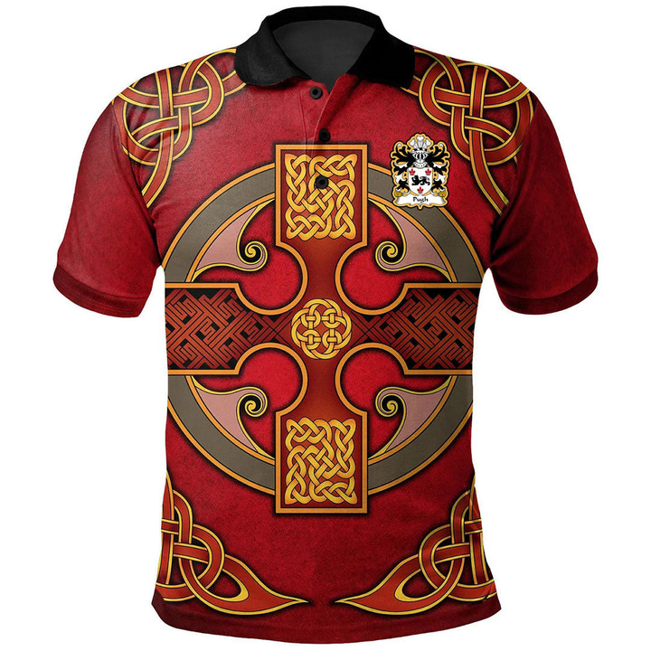 AIO Pride Pugh Of Mathafarn Llanwrin Montgomeryshire Welsh Family Crest Polo Shirt - Vintage Celtic Cross Red