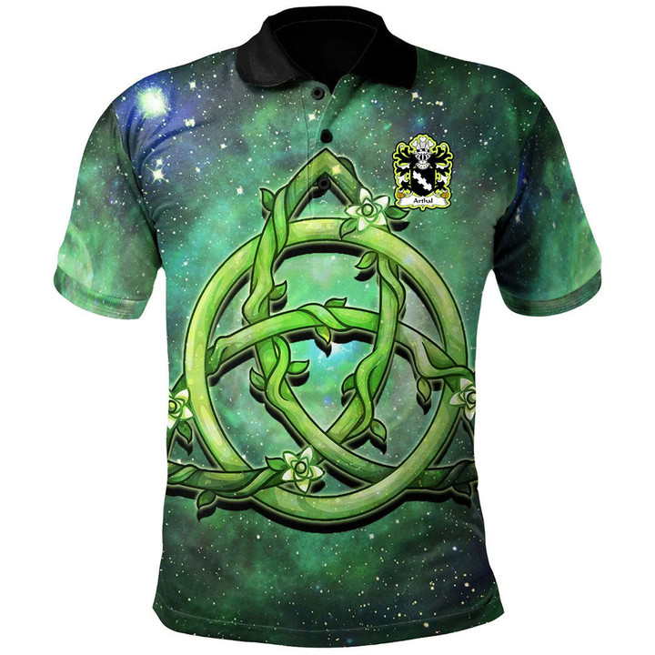 AIO Pride Arthal Or Arthgal Welsh Family Crest Polo Shirt - Green Triquetra