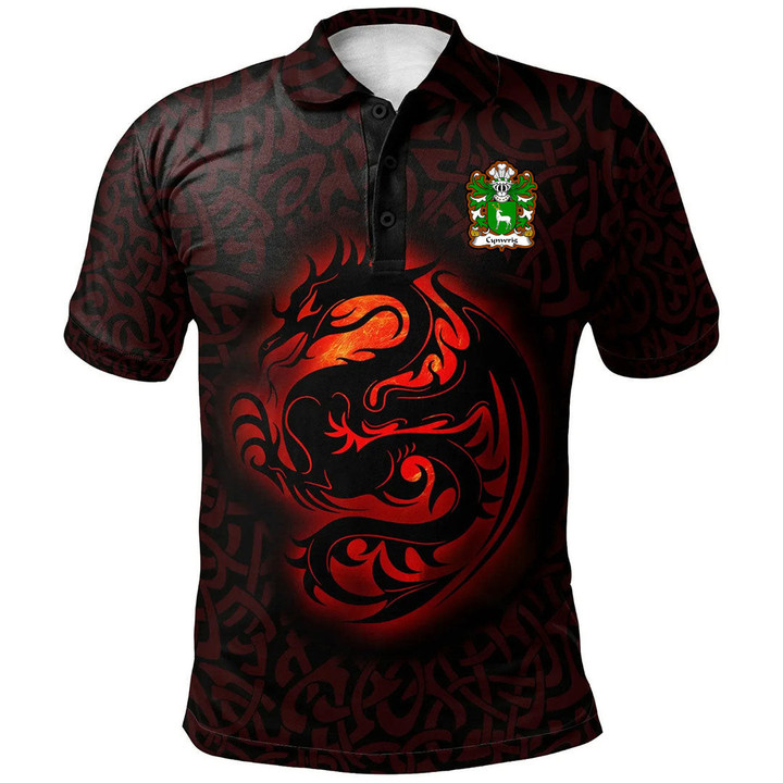 AIO Pride Cynwrig Fychan Or Cwnws Ddu Welsh Family Crest Polo Shirt - Fury Celtic Dragon With Knot
