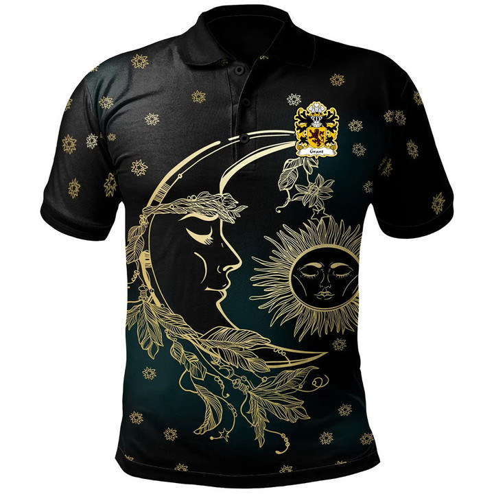 AIO Pride Grant Of Llwyn Y Grant Glamorgan Welsh Family Crest Polo Shirt - Celtic Wicca Sun Moons